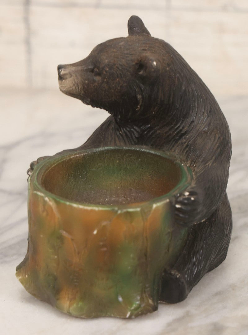 Lot 081 - Vintage Painted Chalkware Bear Figure With Tree-Stump Jar, 4-1/2" H