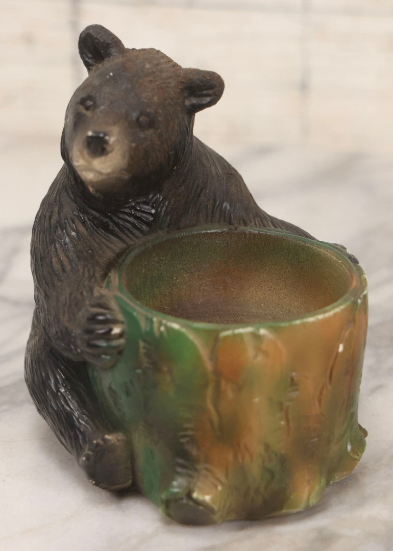 Lot 081 - Vintage Painted Chalkware Bear Figure With Tree-Stump Jar, 4-1/2" H