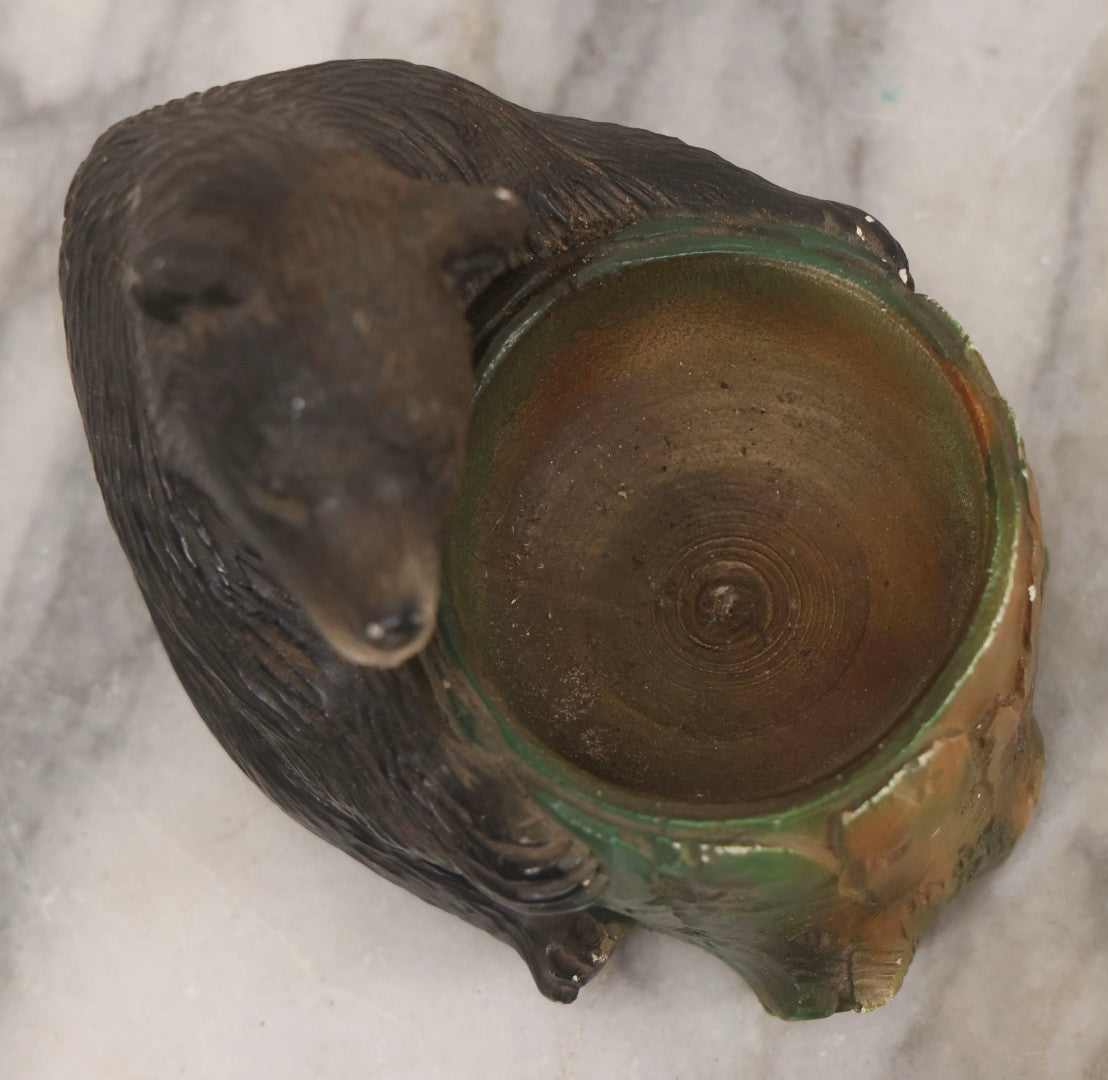 Lot 081 - Vintage Painted Chalkware Bear Figure With Tree-Stump Jar, 4-1/2" H