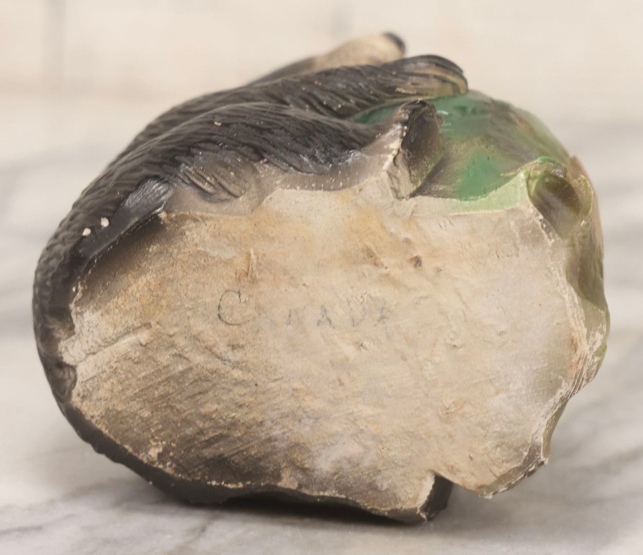 Lot 081 - Vintage Painted Chalkware Bear Figure With Tree-Stump Jar, 4-1/2" H