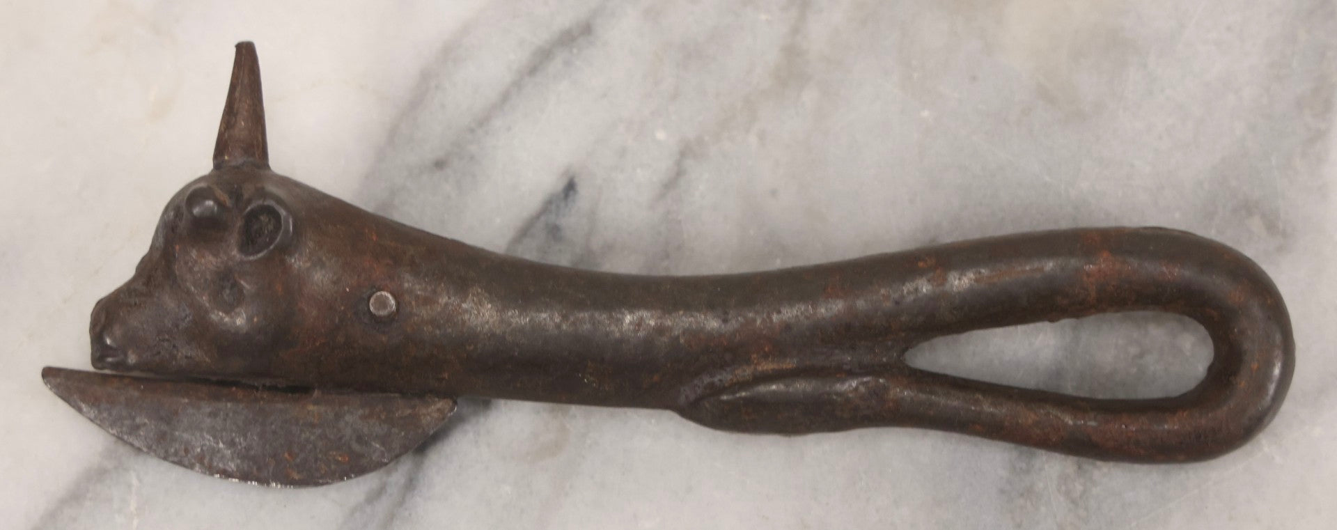Lot 082 - Antique Cast Iron “Bully Beef” Can Opener With Cow's Head Form And Spike, 6-3/4" L