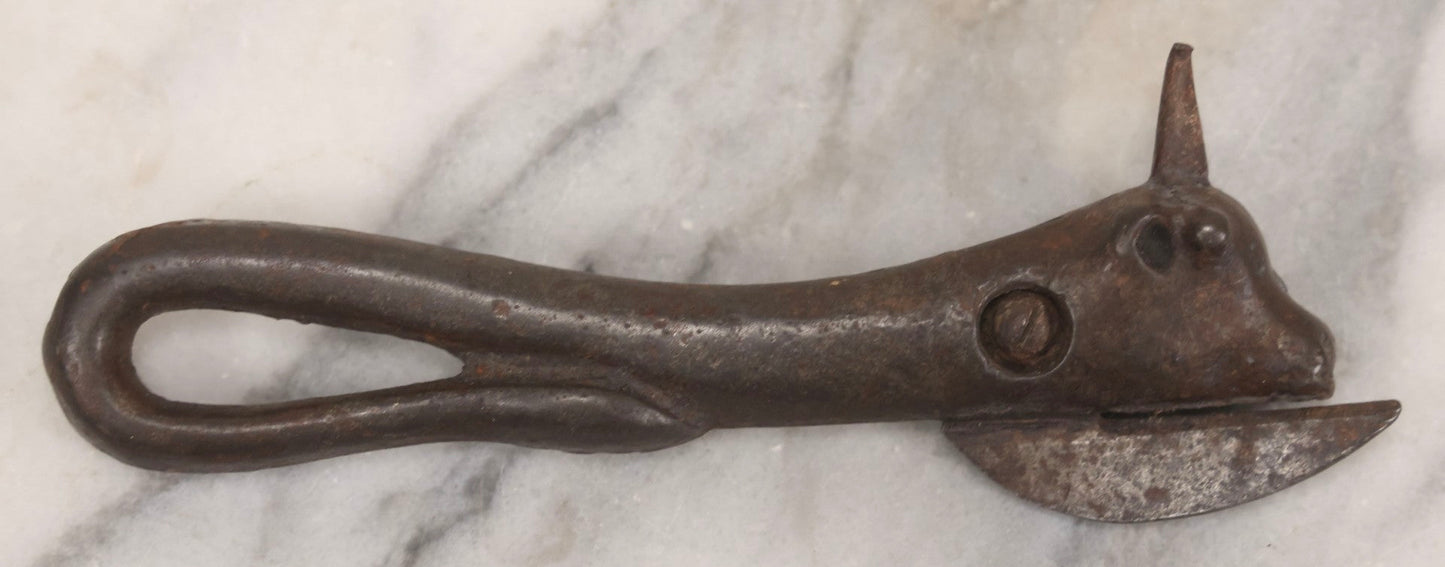 Lot 082 - Antique Cast Iron “Bully Beef” Can Opener With Cow's Head Form And Spike, 6-3/4" L