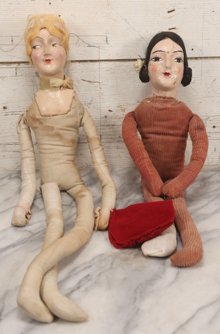 Lot 083 - Pair Of Antique Painted Composition Head Boudoir Dolls With Stuffed Fabric Bodies, 29" And 22" L