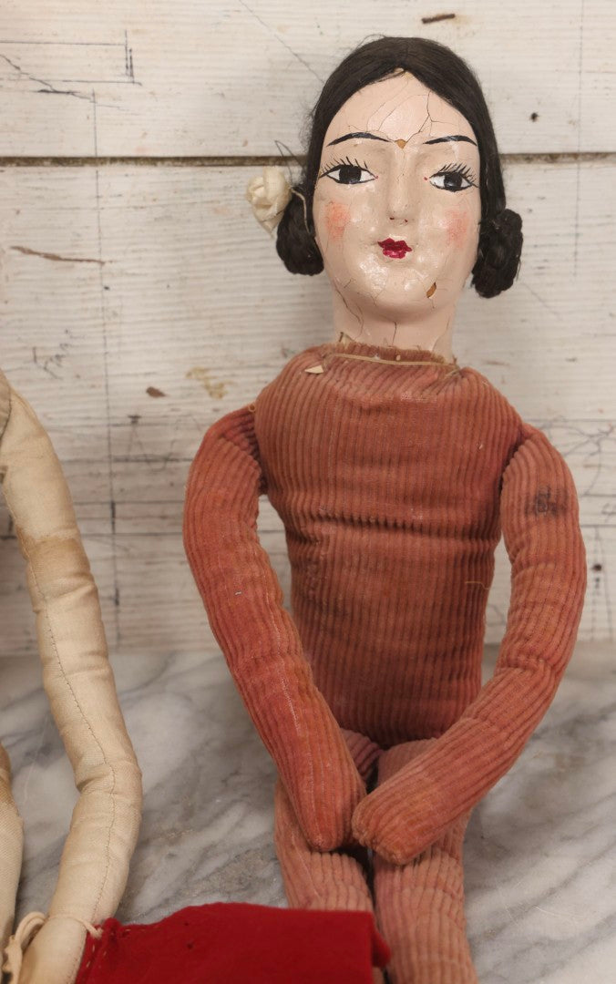 Lot 083 - Pair Of Antique Painted Composition Head Boudoir Dolls With Stuffed Fabric Bodies, 29" And 22" L