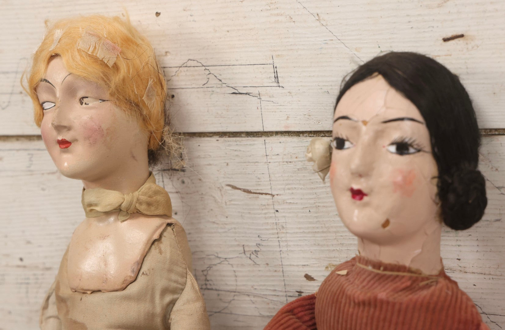 Lot 083 - Pair Of Antique Painted Composition Head Boudoir Dolls With Stuffed Fabric Bodies, 29" And 22" L