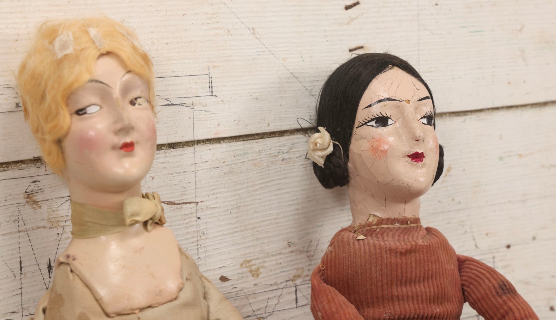 Lot 083 - Pair Of Antique Painted Composition Head Boudoir Dolls With Stuffed Fabric Bodies, 29" And 22" L