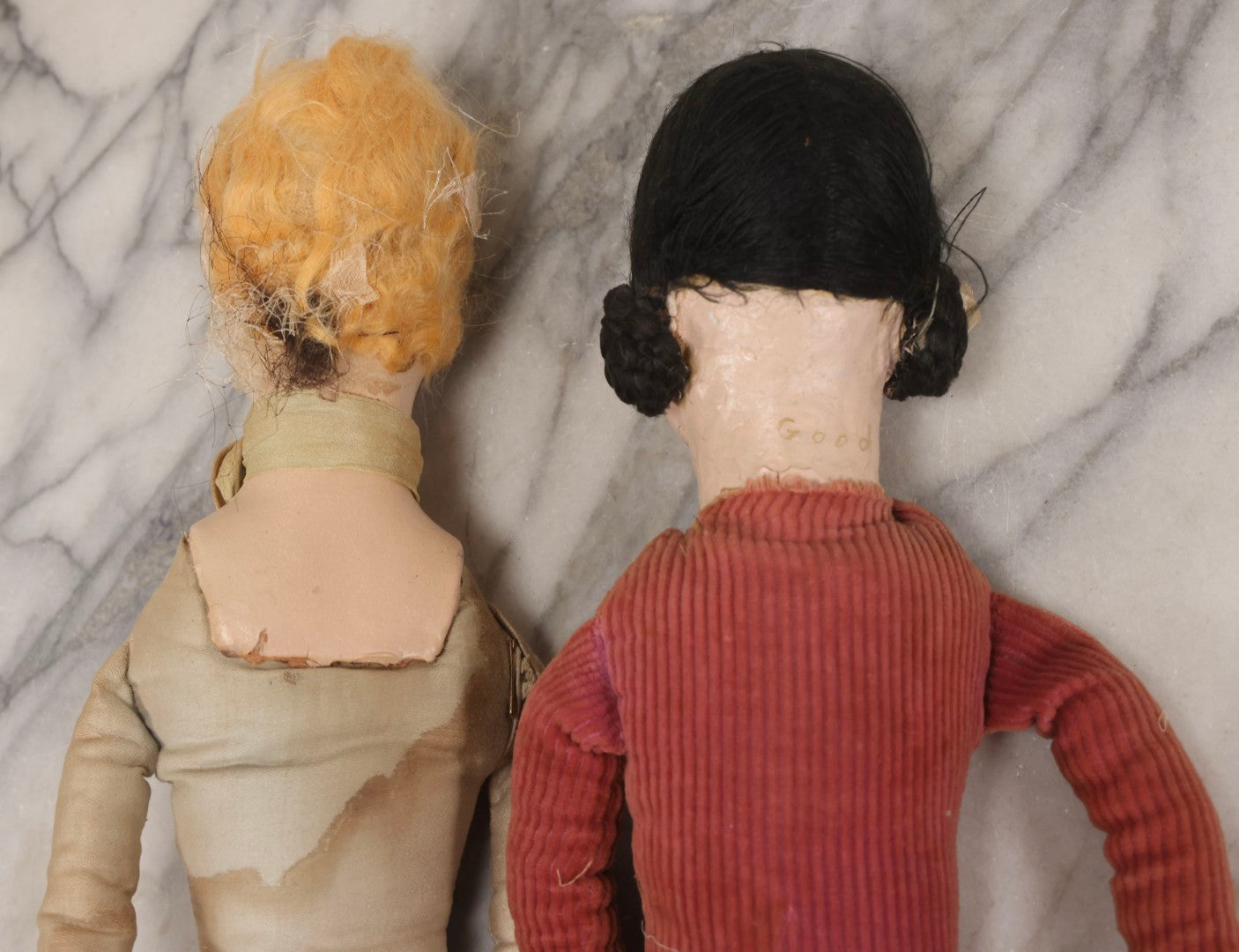 Lot 083 - Pair Of Antique Painted Composition Head Boudoir Dolls With Stuffed Fabric Bodies, 29" And 22" L