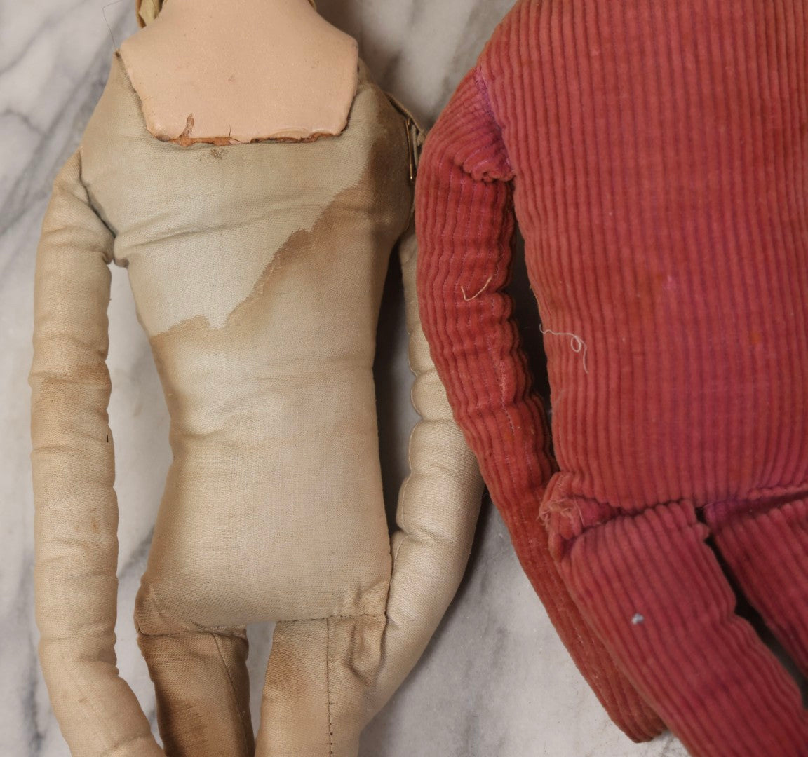 Lot 083 - Pair Of Antique Painted Composition Head Boudoir Dolls With Stuffed Fabric Bodies, 29" And 22" L