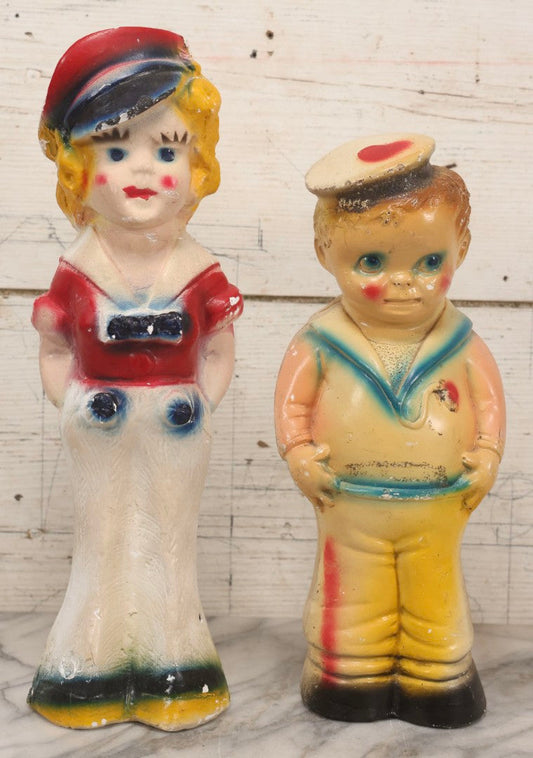 Lot 084 - Pair Of Vintage Chalkware Sailor Man And Sailor Girl Carnival Prize Figures, 13" And 15" H