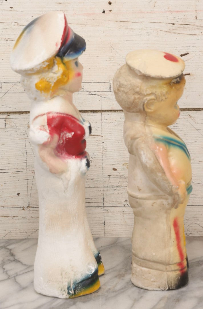 Lot 084 - Pair Of Vintage Chalkware Sailor Man And Sailor Girl Carnival Prize Figures, 13" And 15" H