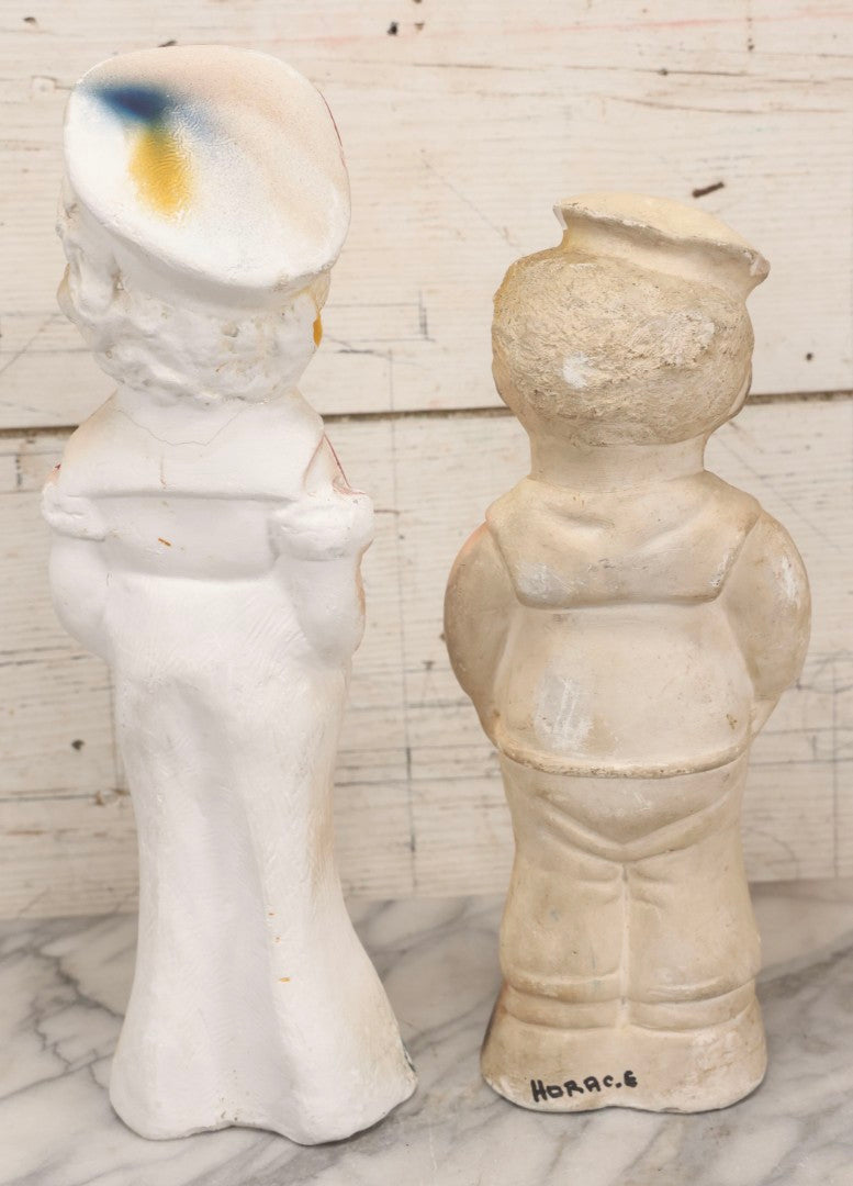 Lot 084 - Pair Of Vintage Chalkware Sailor Man And Sailor Girl Carnival Prize Figures, 13" And 15" H