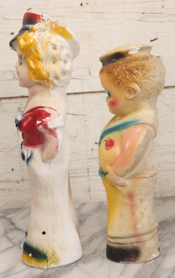 Lot 084 - Pair Of Vintage Chalkware Sailor Man And Sailor Girl Carnival Prize Figures, 13" And 15" H