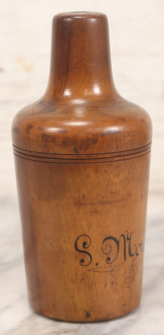 Lot 087 - Antique Solid Turned Wood Bottle Form With Burned Cursive “S. Moritz” Signature