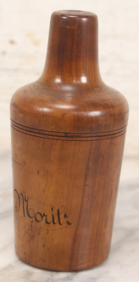Lot 087 - Antique Solid Turned Wood Bottle Form With Burned Cursive “S. Moritz” Signature