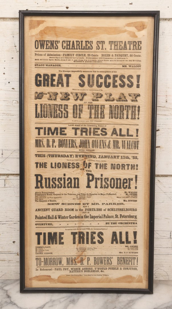 Lot 089 - Antique 1855 Broadside For Owens' Charles St. Theatre Production “The Lioness Of The North” And “Russian Prisoner,” Framed, 10-1/8" x 20-7/8"