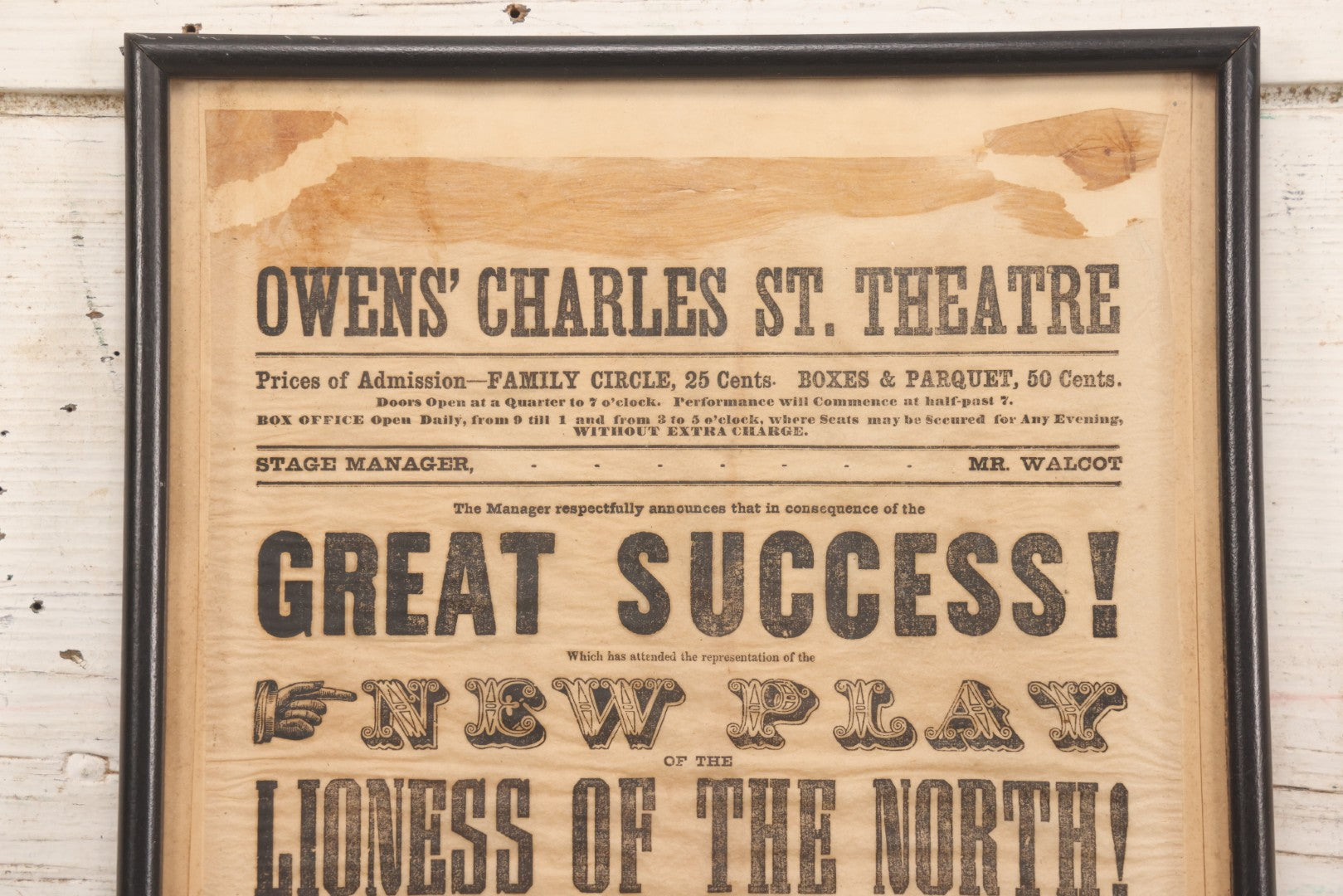 Lot 089 - Antique 1855 Broadside For Owens' Charles St. Theatre Production “The Lioness Of The North” And “Russian Prisoner,” Framed, 10-1/8" x 20-7/8"