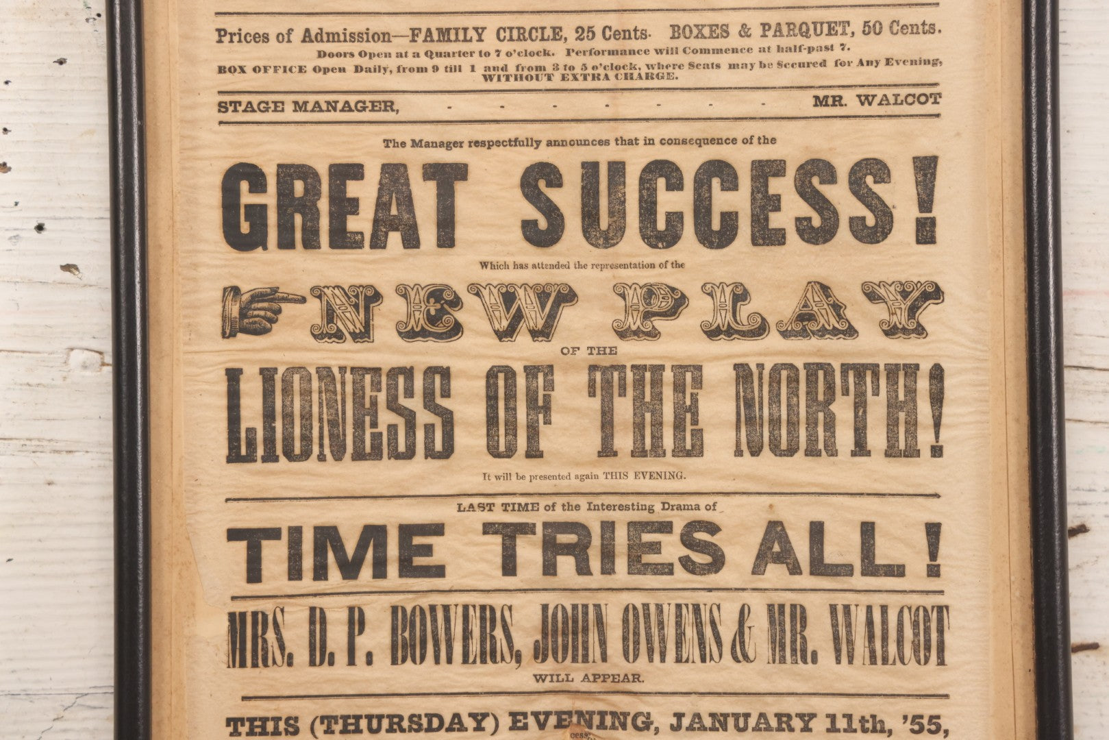 Lot 089 - Antique 1855 Broadside For Owens' Charles St. Theatre Production “The Lioness Of The North” And “Russian Prisoner,” Framed, 10-1/8" x 20-7/8"
