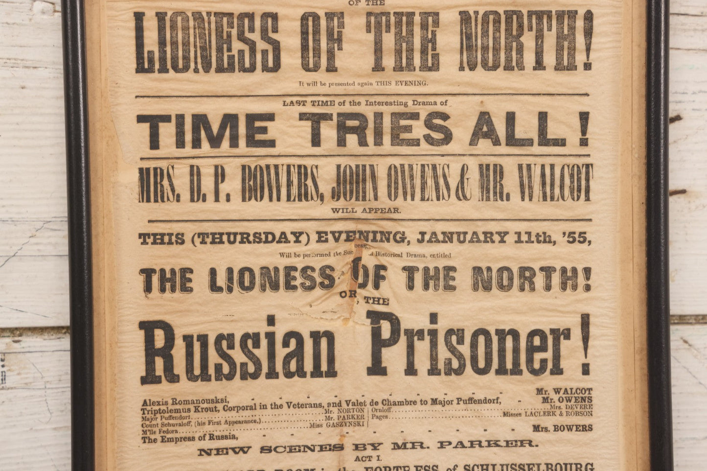 Lot 089 - Antique 1855 Broadside For Owens' Charles St. Theatre Production “The Lioness Of The North” And “Russian Prisoner,” Framed, 10-1/8" x 20-7/8"