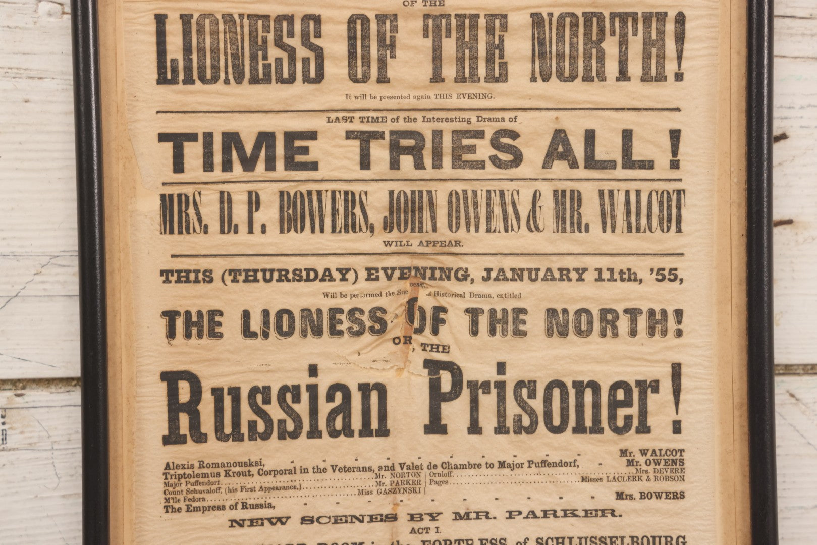 Lot 089 - Antique 1855 Broadside For Owens' Charles St. Theatre Production “The Lioness Of The North” And “Russian Prisoner,” Framed, 10-1/8" x 20-7/8"