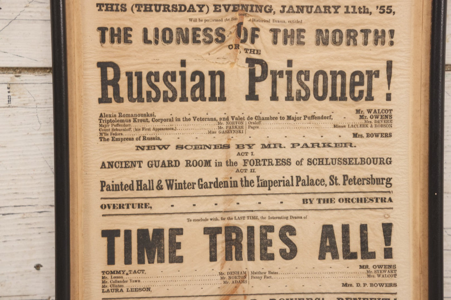 Lot 089 - Antique 1855 Broadside For Owens' Charles St. Theatre Production “The Lioness Of The North” And “Russian Prisoner,” Framed, 10-1/8" x 20-7/8"
