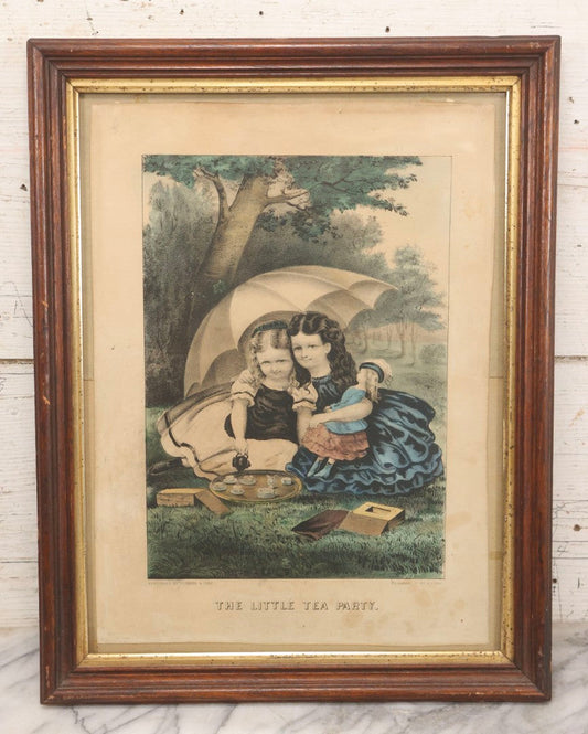 Lot 090 - Antique Hand Colored Lithograph Print “The Little Tea Party” By Currier & Ives In Wood Frame, 14-1/4" x 18-1/4"