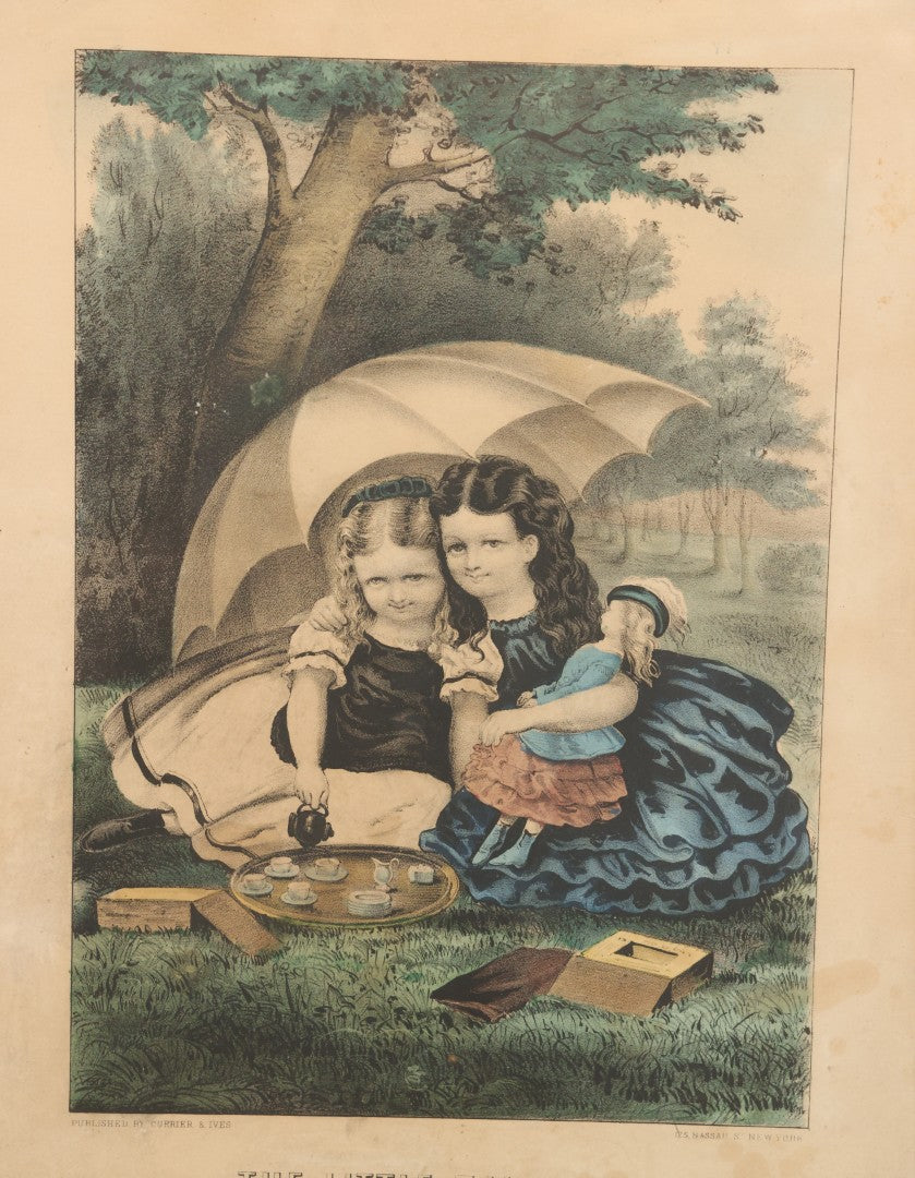 Lot 090 - Antique Hand Colored Lithograph Print “The Little Tea Party” By Currier & Ives In Wood Frame, 14-1/4" x 18-1/4"