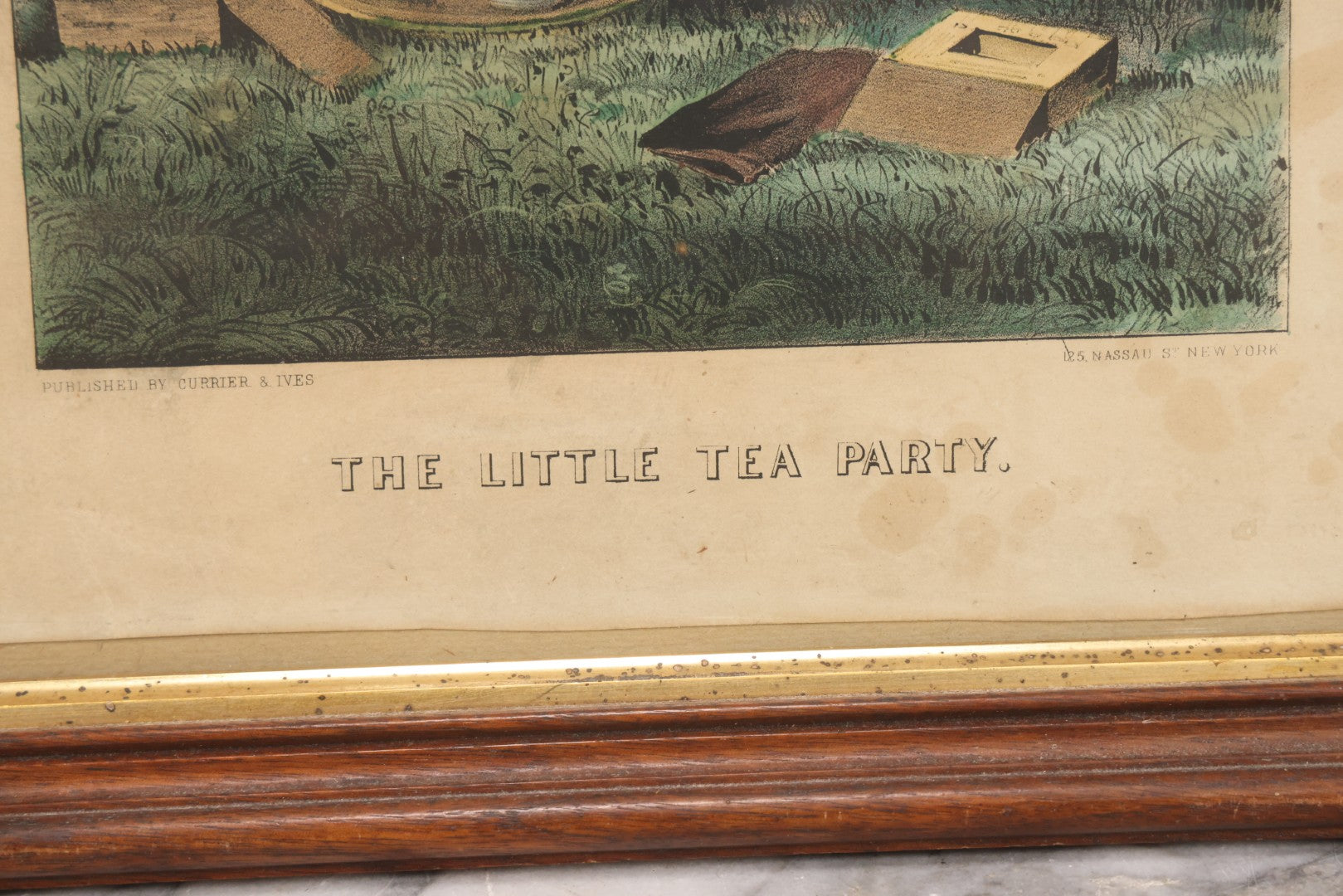 Lot 090 - Antique Hand Colored Lithograph Print “The Little Tea Party” By Currier & Ives In Wood Frame, 14-1/4" x 18-1/4"