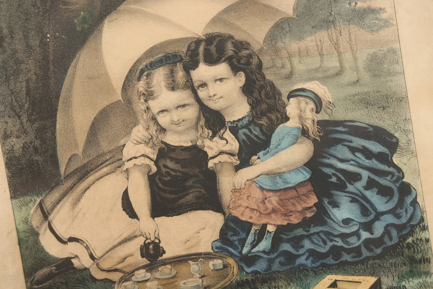 Lot 090 - Antique Hand Colored Lithograph Print “The Little Tea Party” By Currier & Ives In Wood Frame, 14-1/4" x 18-1/4"