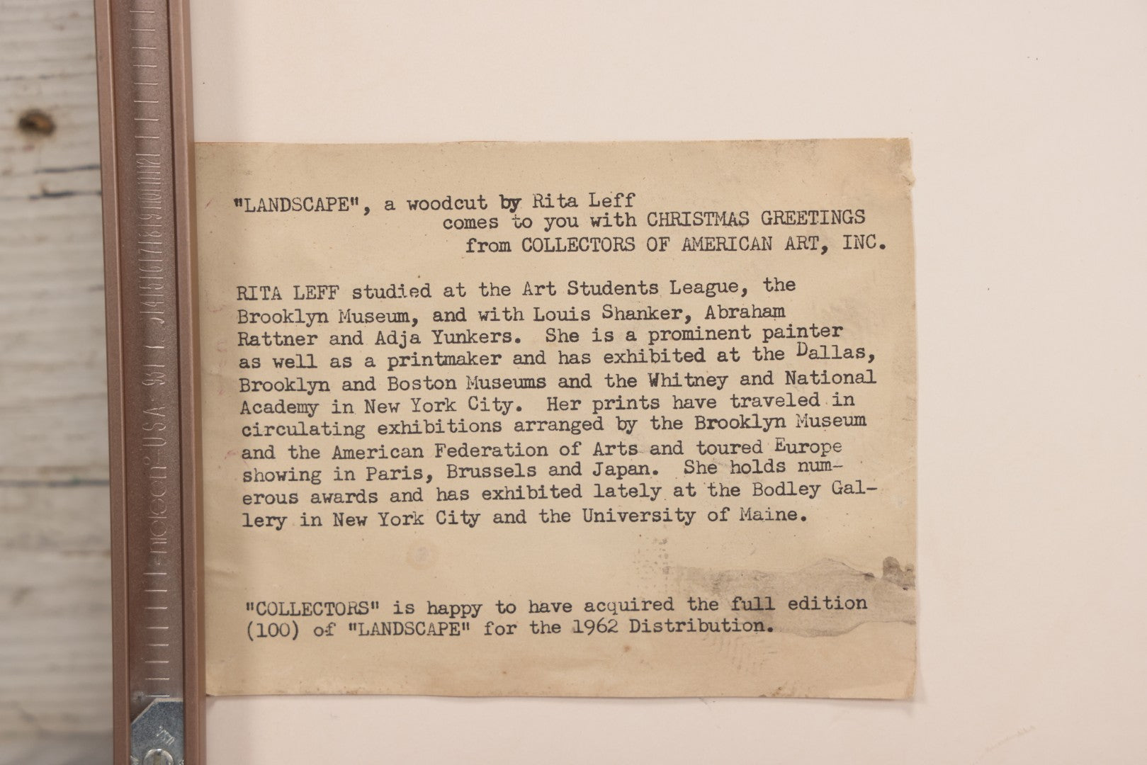 Lot 091 - Vintage Abstract Woodcut “Landscape” By Rita Leff, 1962 Collectors Of American Art Edition, Framed, 16" x 14-1/4"