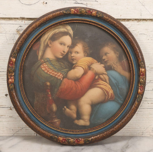 Lot 093 - Vintage Chromolithograph Print After Raphael's “Madonna Of The Chair” Depicting Mary, Jesus, And John The Baptist, In Round Wood Frame With Painted Decorative Border, 9-1/2" Diameter