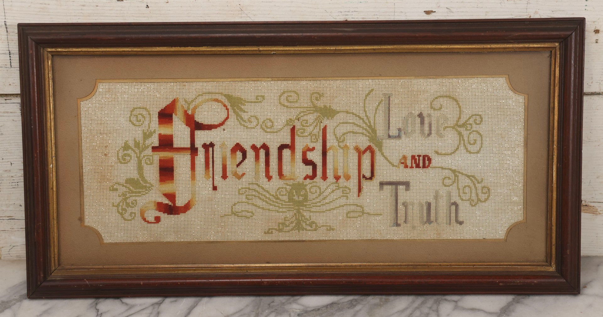Lot 094 - Antique Victorian Punchwork Embroidery Motto “Friendship, Love, And Truth” In Frame With Custom Mat, 25-5/8" x 12-3/4"