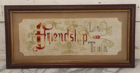 Lot 094 - Antique Victorian Punchwork Embroidery Motto “Friendship, Love, And Truth” In Frame With Custom Mat, 25-5/8" x 12-3/4"