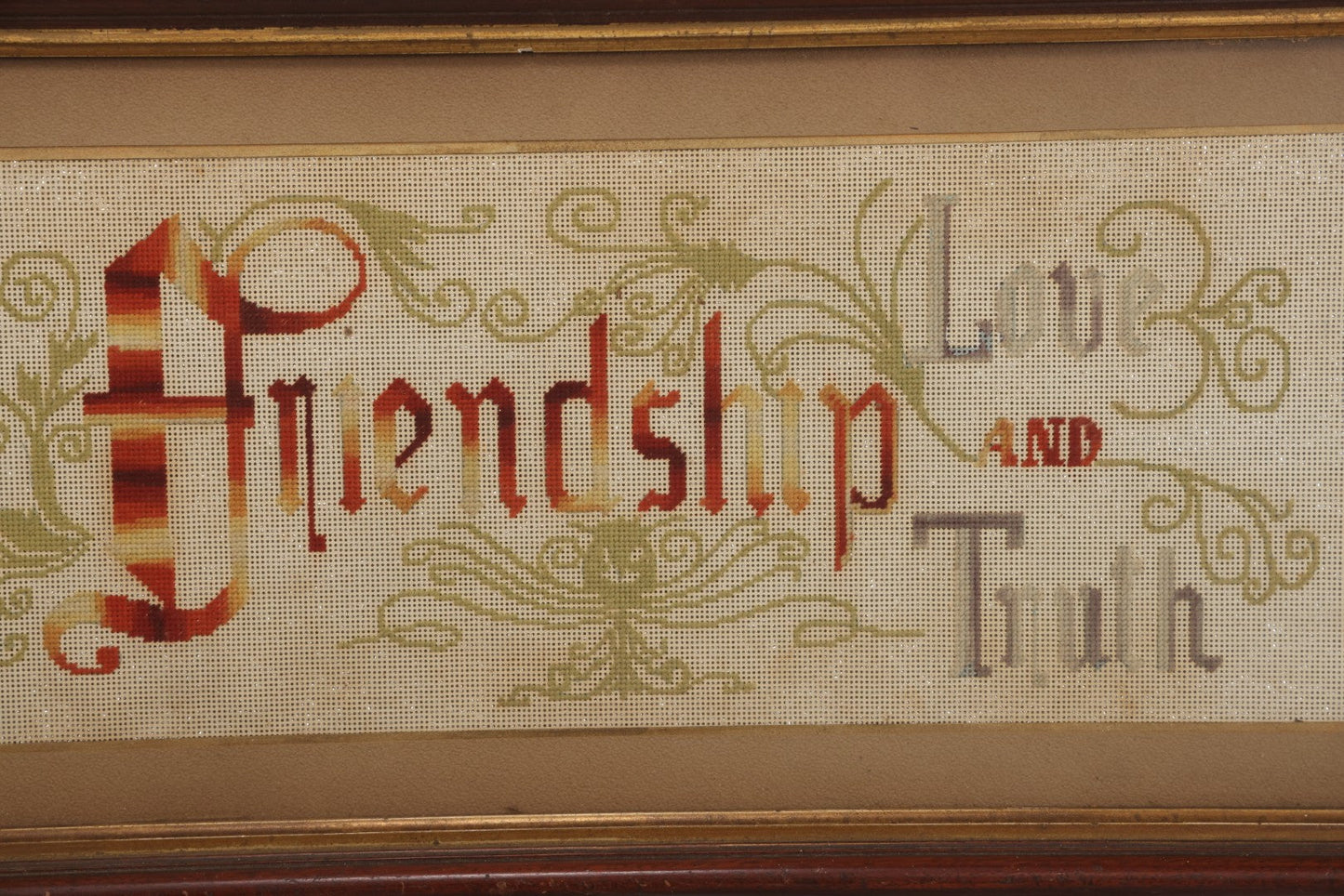 Lot 094 - Antique Victorian Punchwork Embroidery Motto “Friendship, Love, And Truth” In Frame With Custom Mat, 25-5/8" x 12-3/4"