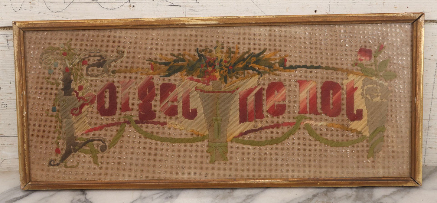 Lot 095 - Antique Victorian Punchwork Embroidery Motto “Forget Me Not” In Inner Frame, 21-3/4" x 9-1/4"