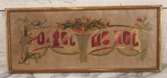 Lot 095 - Antique Victorian Punchwork Embroidery Motto “Forget Me Not” In Inner Frame, 21-3/4" x 9-1/4"