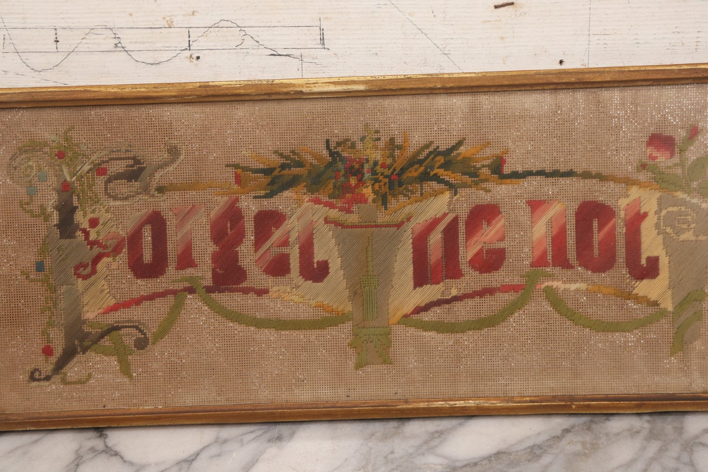 Lot 095 - Antique Victorian Punchwork Embroidery Motto “Forget Me Not” In Inner Frame, 21-3/4" x 9-1/4"