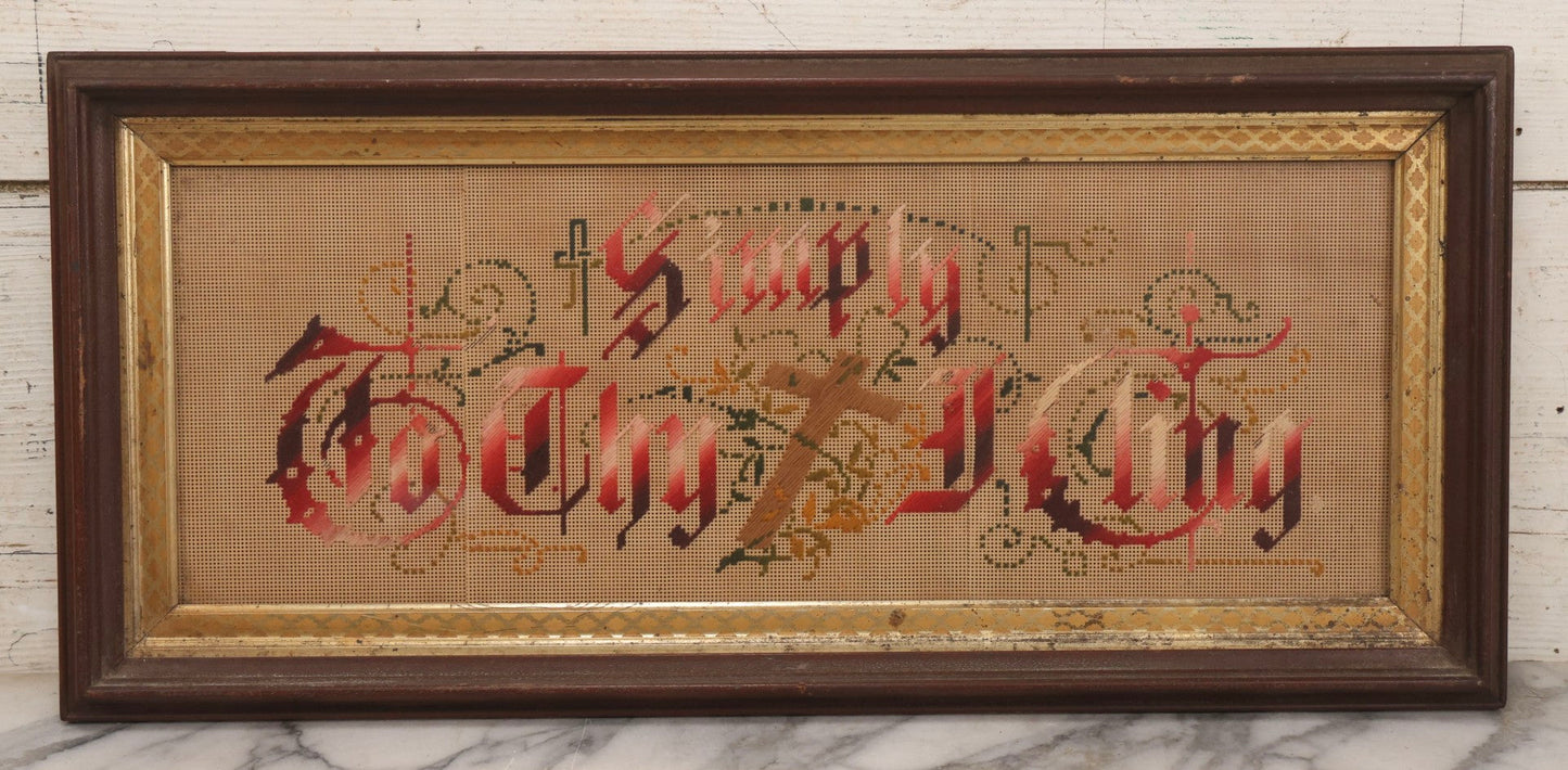 Lot 096 - Antique Victorian Punchwork Embroidery Motto “Simply To Thy Cross I Cling” In Walnut Frame With Gold Painted Inner Border, 24" x 11"