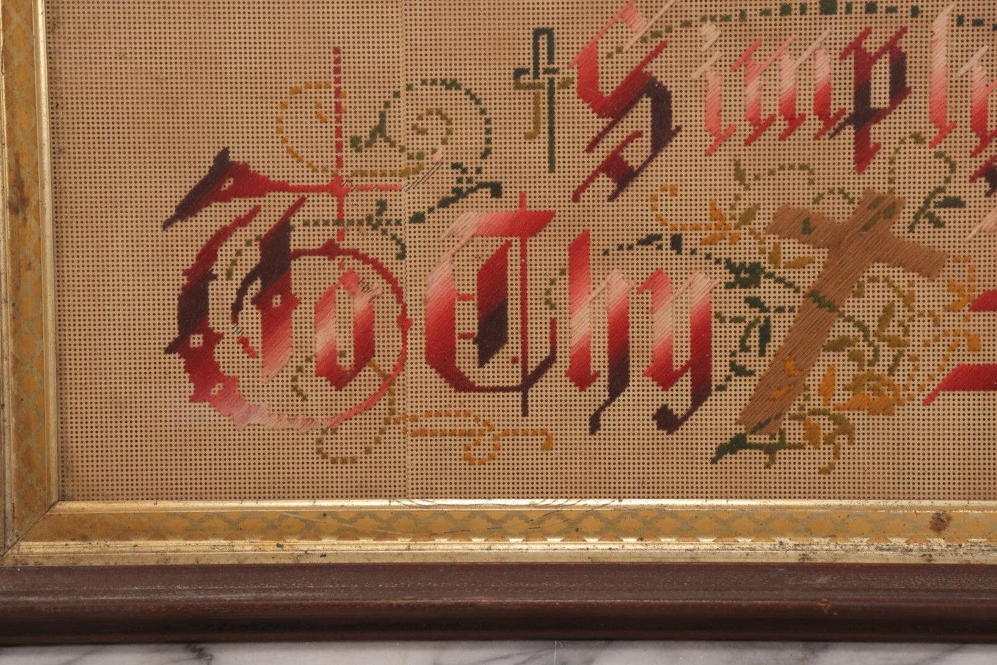 Lot 096 - Antique Victorian Punchwork Embroidery Motto “Simply To Thy Cross I Cling” In Walnut Frame With Gold Painted Inner Border, 24" x 11"