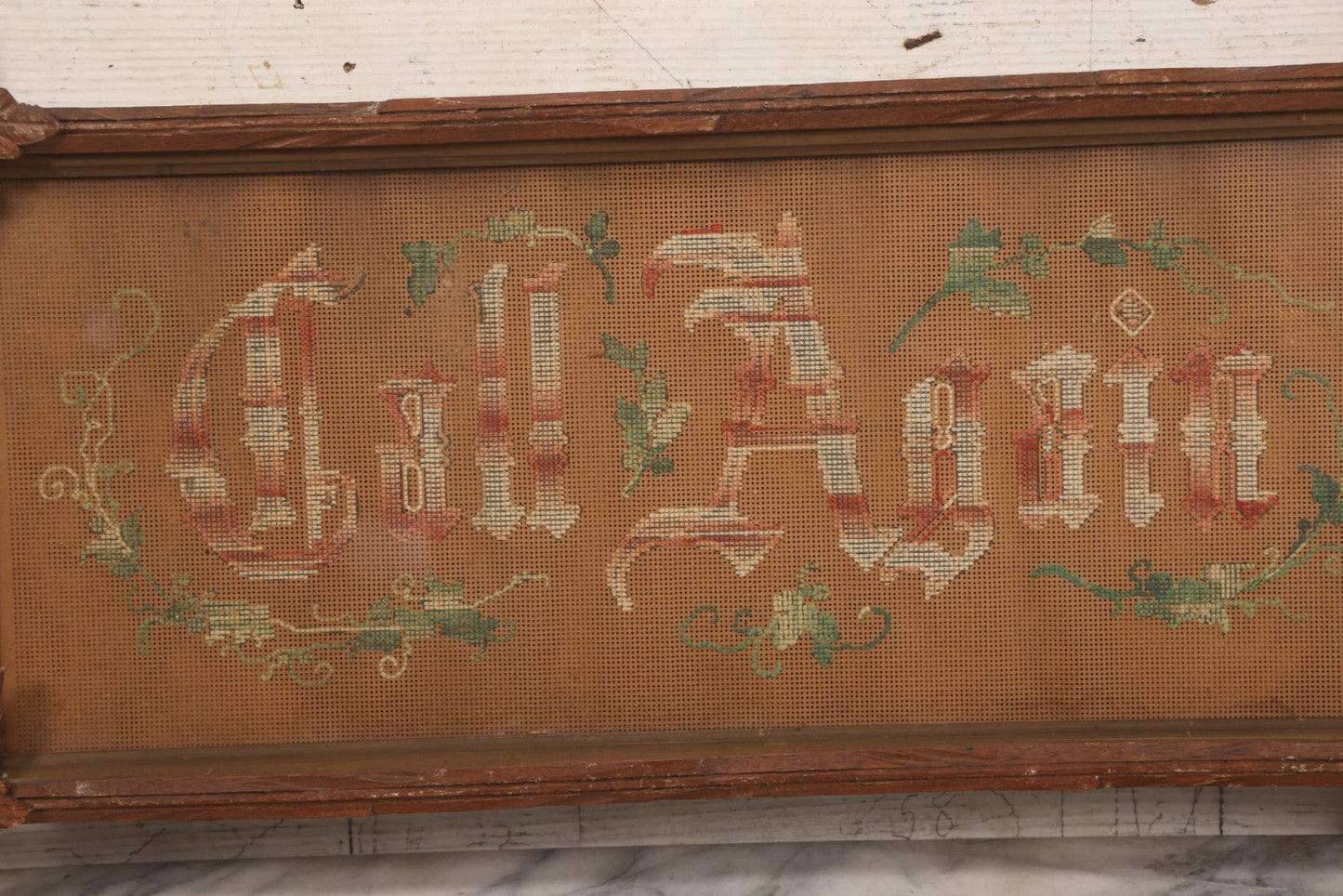 Lot 098 - Antique Victorian Punchwork Embroidery Motto “Call Again” In Faux Branch Frame With Leaf Corners, 25-1/2" x 13"