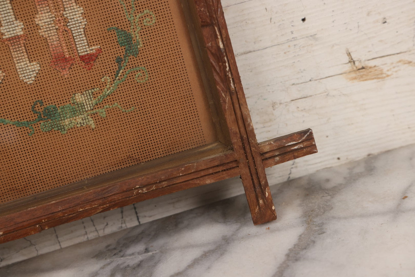 Lot 098 - Antique Victorian Punchwork Embroidery Motto “Call Again” In Faux Branch Frame With Leaf Corners, 25-1/2" x 13"