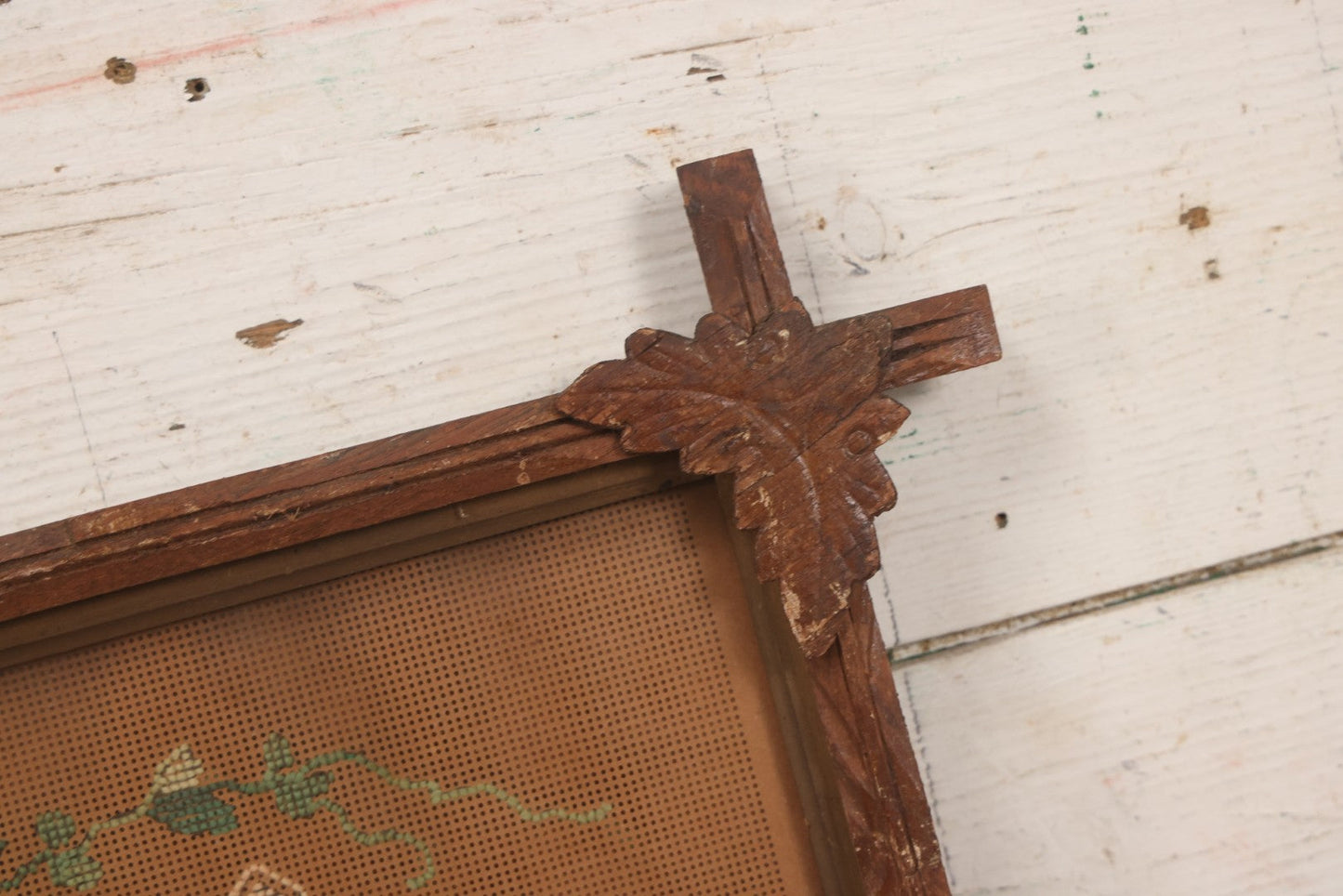 Lot 098 - Antique Victorian Punchwork Embroidery Motto “Call Again” In Faux Branch Frame With Leaf Corners, 25-1/2" x 13"