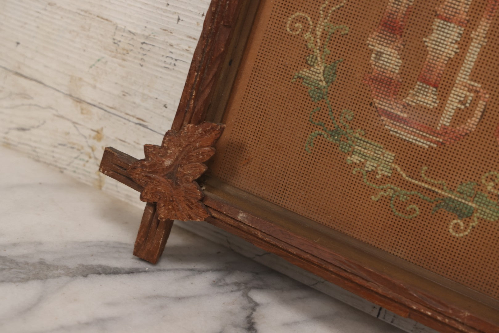 Lot 098 - Antique Victorian Punchwork Embroidery Motto “Call Again” In Faux Branch Frame With Leaf Corners, 25-1/2" x 13"