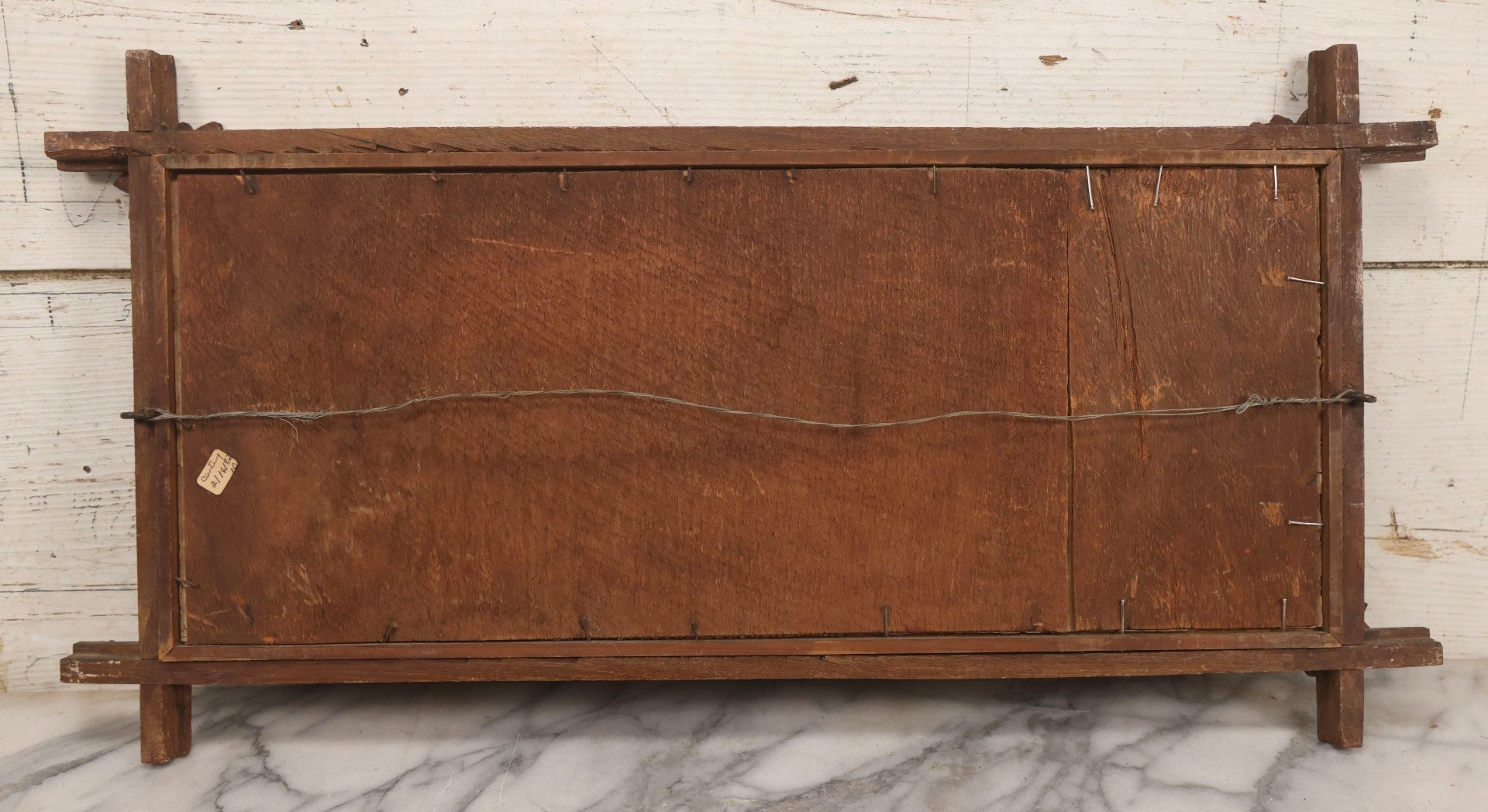 Lot 098 - Antique Victorian Punchwork Embroidery Motto “Call Again” In Faux Branch Frame With Leaf Corners, 25-1/2" x 13"