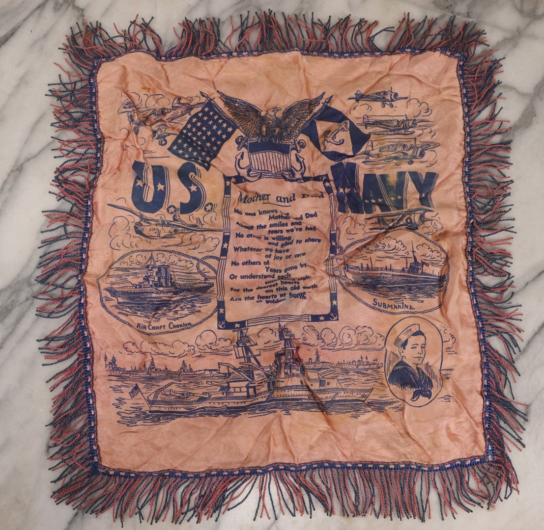 Lot 100 - Vintage World War 2 Era U.S. Navy “Mother And Dad” Silk Pillowcase With Printed Naval Illustrations And Pink-Blue Fringe