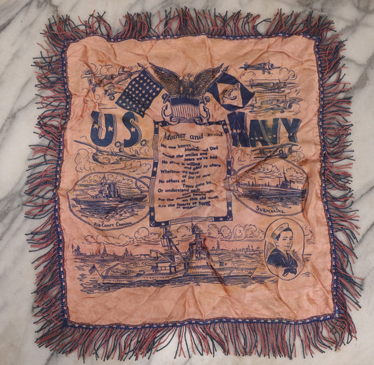 Lot 100 - Vintage World War 2 Era U.S. Navy “Mother And Dad” Silk Pillowcase With Printed Naval Illustrations And Pink-Blue Fringe