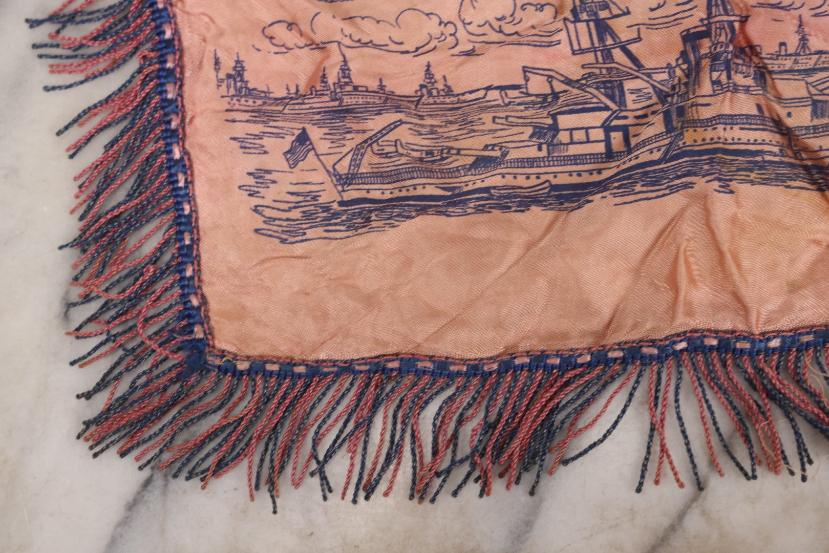 Lot 100 - Vintage World War 2 Era U.S. Navy “Mother And Dad” Silk Pillowcase With Printed Naval Illustrations And Pink-Blue Fringe