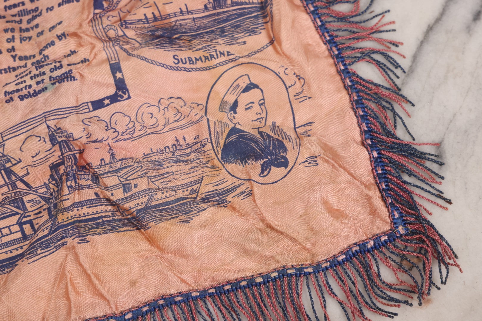 Lot 100 - Vintage World War 2 Era U.S. Navy “Mother And Dad” Silk Pillowcase With Printed Naval Illustrations And Pink-Blue Fringe