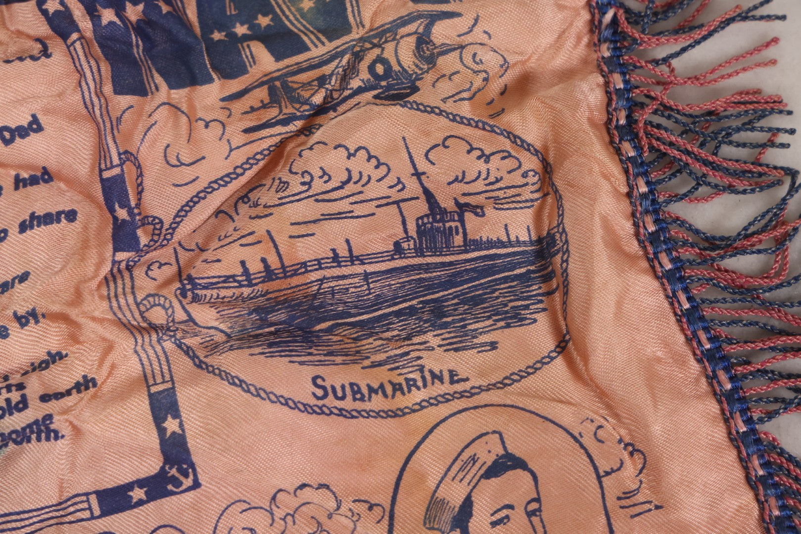 Lot 100 - Vintage World War 2 Era U.S. Navy “Mother And Dad” Silk Pillowcase With Printed Naval Illustrations And Pink-Blue Fringe