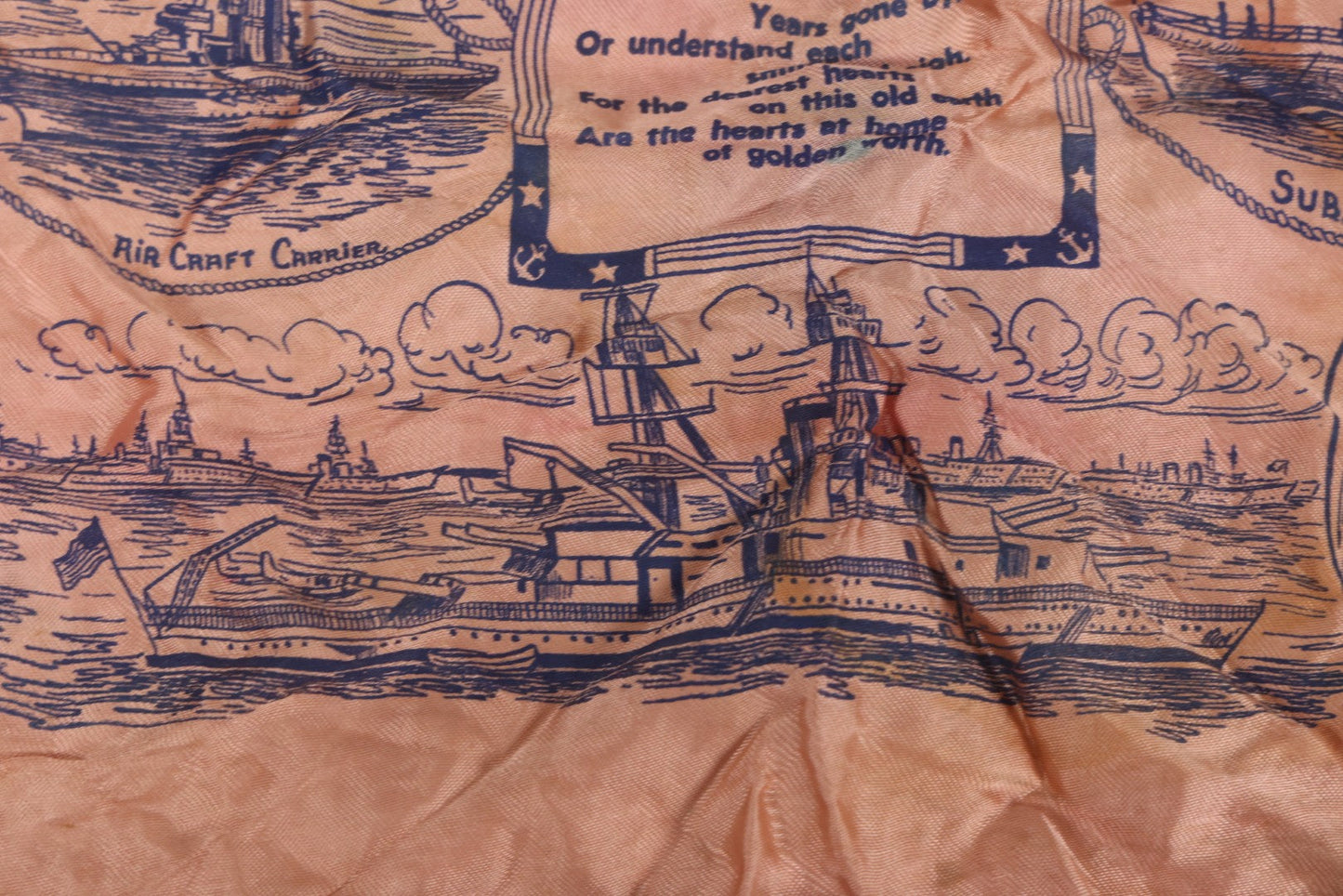 Lot 100 - Vintage World War 2 Era U.S. Navy “Mother And Dad” Silk Pillowcase With Printed Naval Illustrations And Pink-Blue Fringe