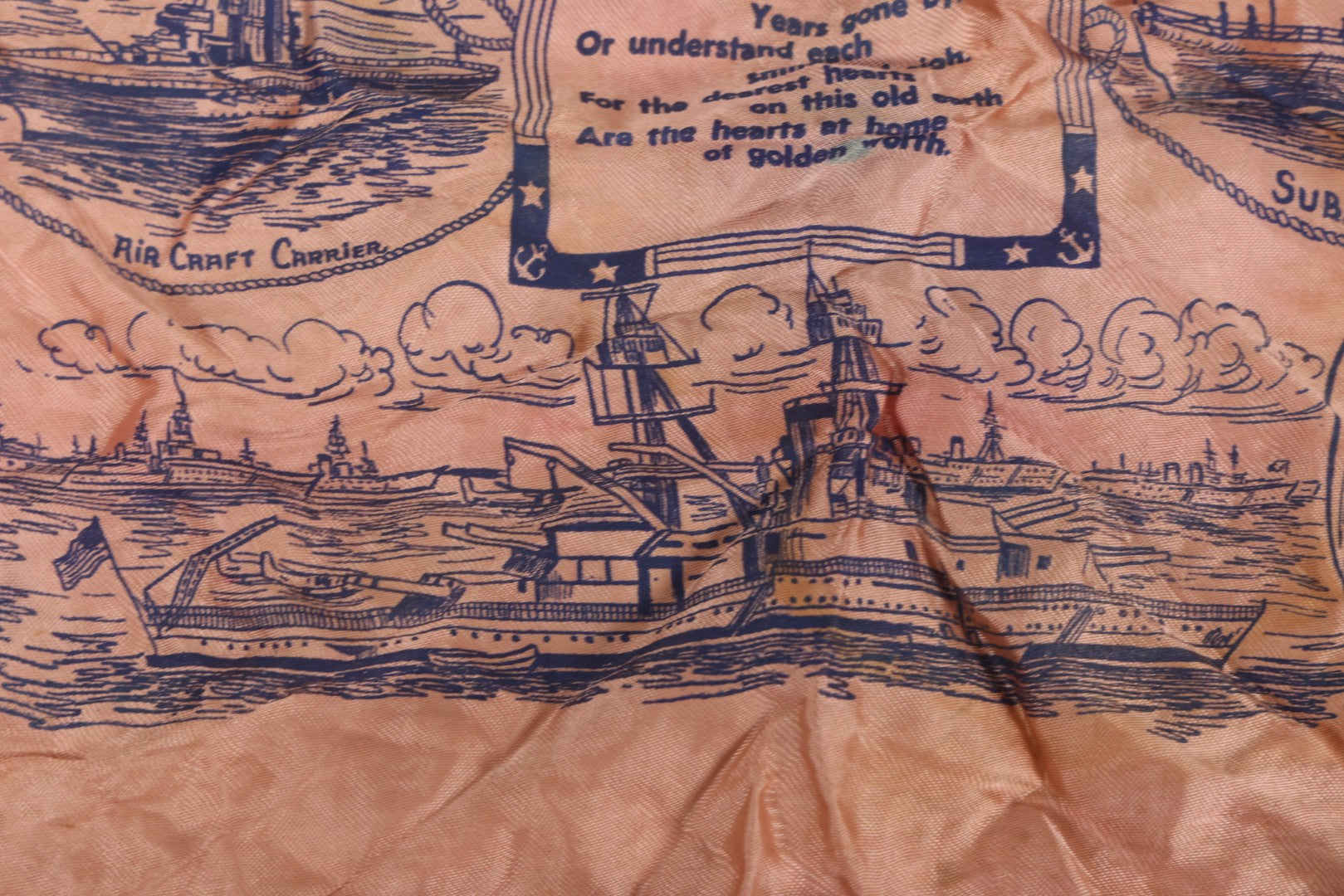 Lot 100 - Vintage World War 2 Era U.S. Navy “Mother And Dad” Silk Pillowcase With Printed Naval Illustrations And Pink-Blue Fringe